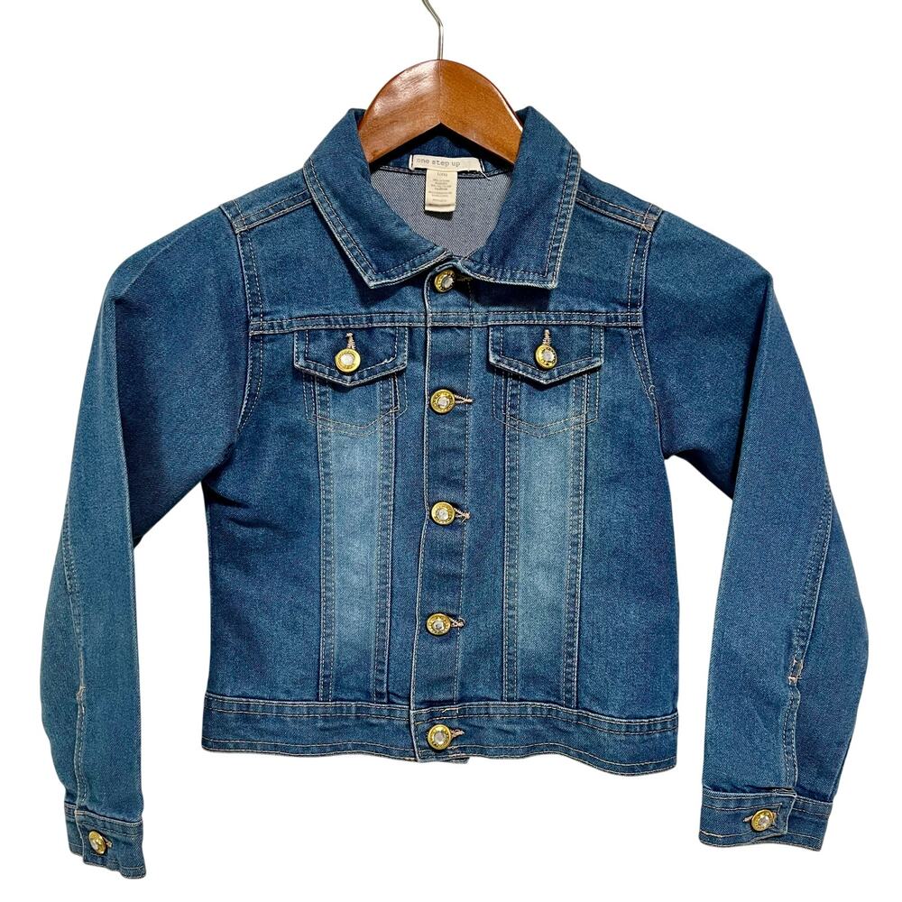 Girls 6X Denim Jacket One Step Up Blue Jean Jacket Gold Button Rhinestone Detail